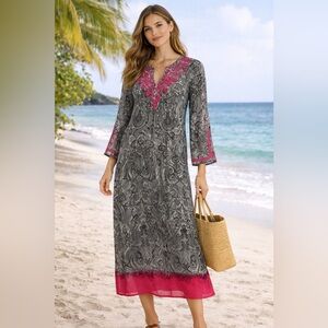 Maxi Length Semi Sheer Embroidered Black & Pink Paisley Tunic Swim Coverup